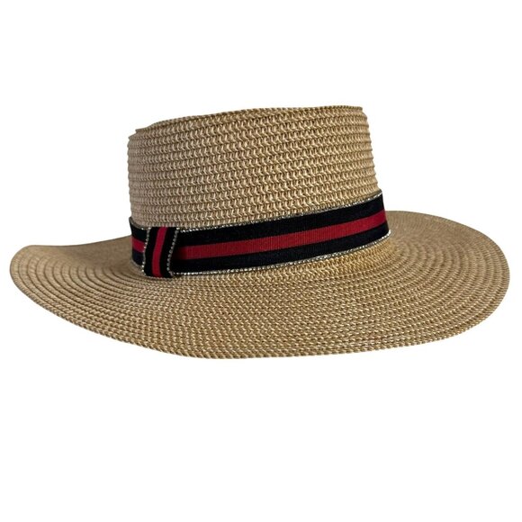 Marcus Adler New York Straw Boater Hat Rhinestone Black Red Ribbon Cruise Vacay - Picture 1 of 12